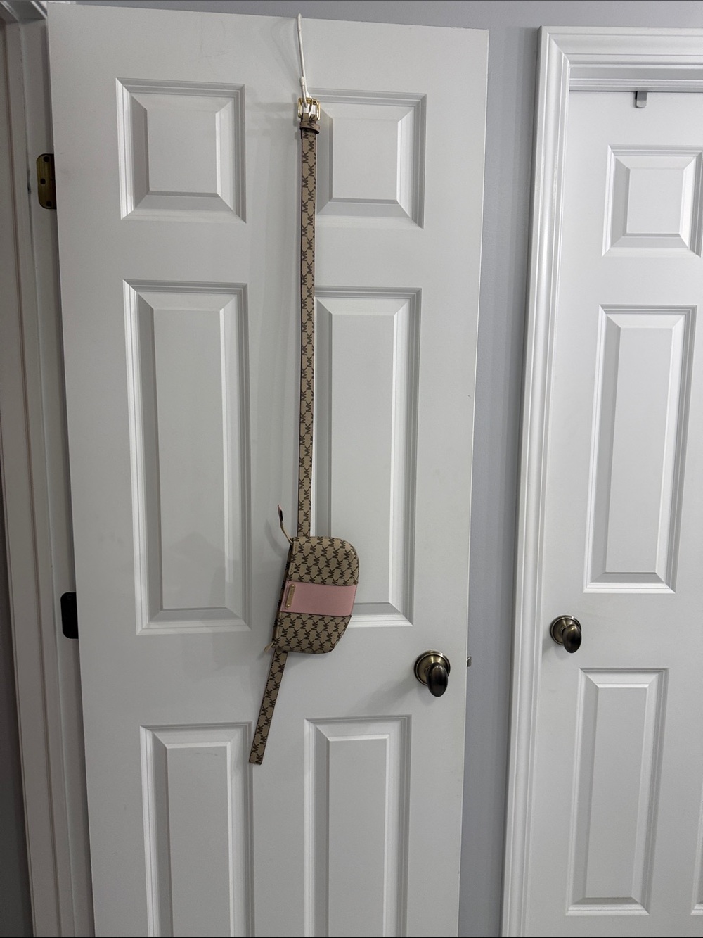 Michael Kors Beige Monogram Crossbody Belt Bag with Pink Accent